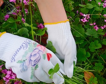 Blumen Baumwollarbeitshandschuhe, benutzerdefinierte Gartenhandschuhe mit Nachname, Originaldesign Pflanzenblumenhandschuhe, das beste Geschenk für jeden Gärtner, Geschenk für sie