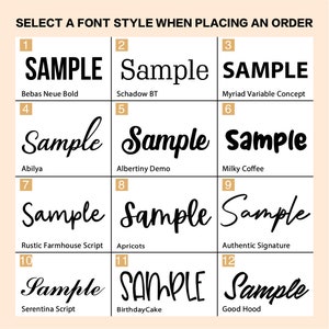 May include: A chart with 12 different font styles, each labeled with a number and the font name. The word "SAMPLE" is displayed in each font style. The chart is titled "SELECT A FONT STYLE WHEN PLACING AN ORDER".