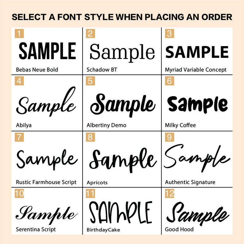 May include: A chart with 12 different font styles, each labeled with a number and the font name. The word "SAMPLE" is displayed in each font style. The chart is titled "SELECT A FONT STYLE WHEN PLACING AN ORDER".