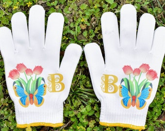 Personliga handskar med efternamn, trädgårdshandskar med blommotiv, arbetshandskar, trädgårdshandskar för kvinnor, bomullshandskar, present till trädgårdsälskare