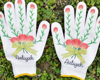 Women's Floral Gardening Gloves, Personalized Name Garden Gift, Custom Work Gloves, Women's Garden Gloves, Cotton Gloves, Garden Lover Gift