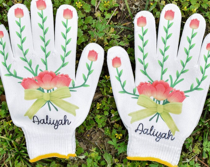 Women's Floral Gardening Gloves, Personalized Name Garden Gift, Custom Work Gloves, Women's Garden Gloves, Cotton Gloves, Garden Lover Gift