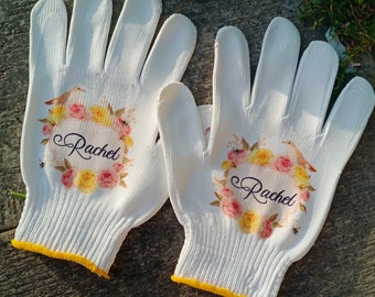 Custom Floral Work Gloves, Original Design Gardening Gloves, Unique Gift for any Gardener, Cotton Women Gloves, Floral Bird Painting Gloves