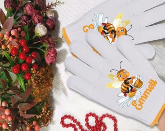 Cute Happy Bee Gardening Gloves, Custom Last Name Gloves, Personalized Cotton Gloves, Original Painted Bee Gloves for Succulent Planter