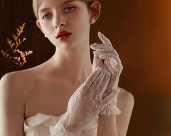 Guantes de boda de Francia, guantes de novia de encaje de flores, guantes cortos elegantes, guantes de fiesta de té, guantes de boda de banquete