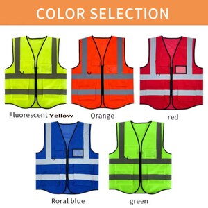 May include: Six safety vests in different colors: fluorescent yellow, orange, red, royal blue, green, and black. Each vest has reflective strips and a zipper.