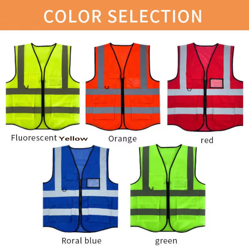 May include: Six safety vests in different colors: fluorescent yellow, orange, red, royal blue, green, and black. Each vest has reflective strips and a zipper.
