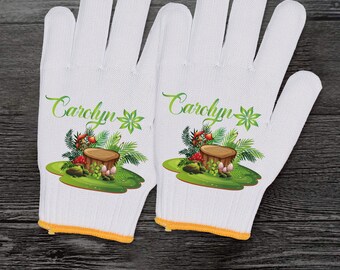 Adult Personalized Gloves, Mushroom Gardening Gloves, Custom Name Gloves, Work Cotton Gloves, Plant Lovers Gift, Original Painted Gloves