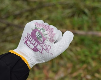 Erwachsene Frauen-Monogramm-Handschuhe, Lavendel gemalte Baumwollhandschuhe, personifizierte die Nachname-Gartenhandschuhe, Gartengeschenk, Arbeitshandschuhe für Pflanzer