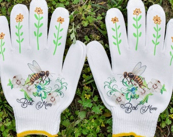 Guantes de jardinería personalizados con diseño de abejas: guantes de algodón pintados a mano, regalo para jardineros.
