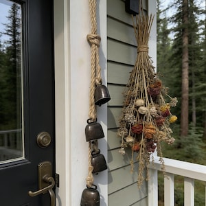 May include: A decorative outdoor feature comprising three bronze bells hanging from a knotted rope. The bells are suspended vertically, adding a rustic charm to the entrance. A bundle of dried flowers hangs nearby, enhancing the natural aesthetic.