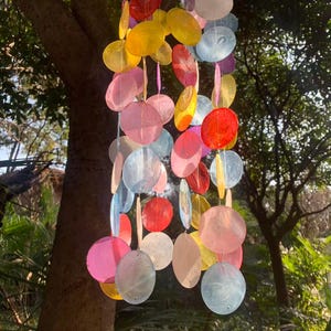 May include: A vibrant wind chime featuring a collection of iridescent, circular shells in shades of pink, yellow, blue, and red. The shells are suspended from a wooden hoop, creating a decorative outdoor accent.
