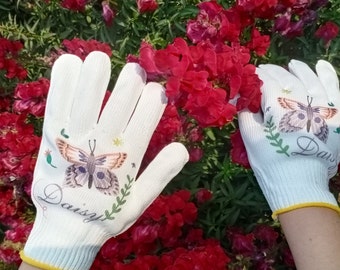 Christmas Gift for Her, Custom Butterfly Gardening Gloves, Personalized Name Cotton Gloves, Adult Work Gloves, Women's Gloves for Garden