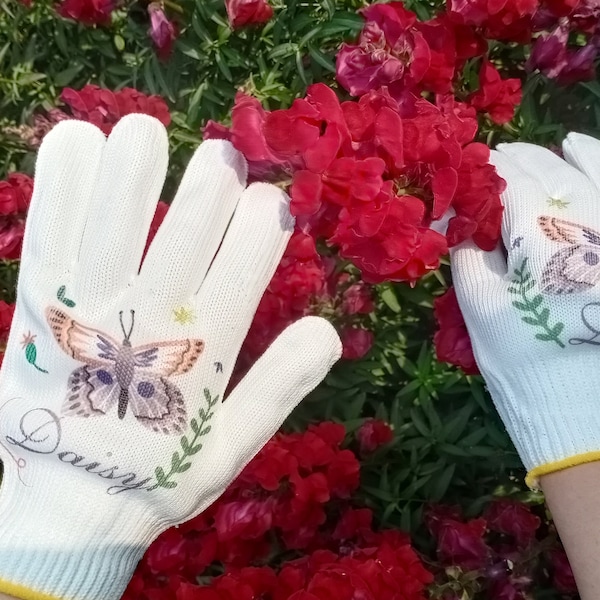 Christmas Gift for Her, Custom Butterfly Gardening Gloves, Personalized Name Cotton Gloves, Adult Work Gloves, Women's Gloves for Garden