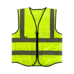 May include: A bright yellow safety vest with reflective strips and multiple pockets. The vest has a zipper closure and a hook on the left side.
