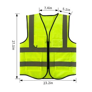 May include: A bright yellow safety vest with reflective strips and multiple pockets. The vest has a zipper closure and measures 27.1 inches tall, 23.2 inches wide, and 7.4 inches across the shoulders.