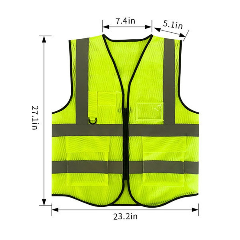 May include: A bright yellow safety vest with reflective strips and multiple pockets. The vest has a zipper closure and measures 27.1 inches tall, 23.2 inches wide, and 7.4 inches across the shoulders.