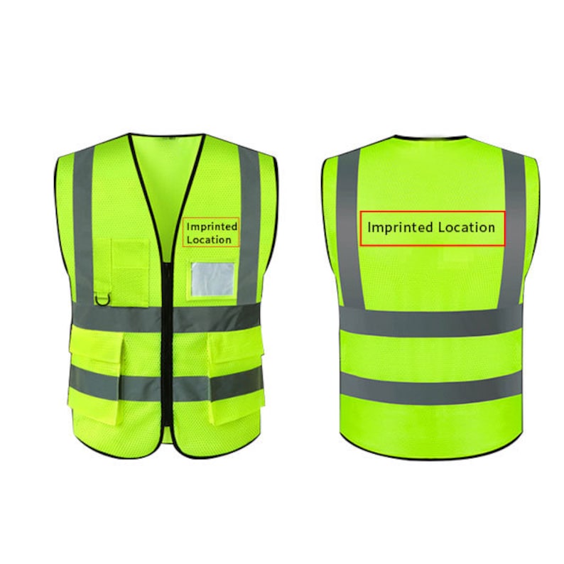 May include: A bright yellow safety vest with reflective strips and multiple pockets. The vest has a zipper closure and a label that says "Imprinted Location".