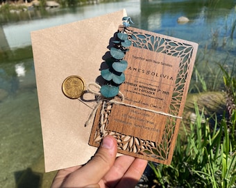 Rustic Wooden Wedding Invitation: Eucalyptus Laser Cut Set