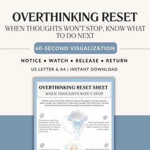 May include: A digital document titled Overthinking Reset with the subtitle When Thoughts Won't Stop, Know What To Do Next. It features a 60-second visualization guide with steps labeled Notice, Watch, Release, and Return, formatted for US Letter and A4.
