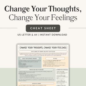 Puede incluir: Una hoja de trucos digital titulada Change Your Thoughts, Change Your Feelings. El documento presenta secciones sobre cómo notar pensamientos automáticos, practicar nuevas formas de pensar y cuestionar pensamientos en un diseño estructurado.
