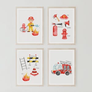 MeinBaby123® Set de 4 carteles DIN A4 cuerpo de bomberos | Imágenes decoración habitación infantil niños | camión de bomberos, bombero | (Departamento de Bomberos V4)