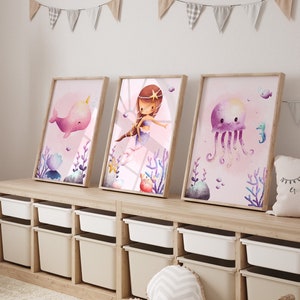 Lindo cartel de sirena A4 habitación infantil set de 3, sirena, carteles de sirena, decoración habitación infantil niñas, carteles para niñas