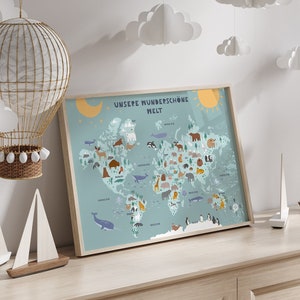 MeinBaby123® Weltkarte für Kinder | Tierweltkarte DIN A2 | Lernposter | Weltkarte für das Kinderzimmer mit Tieren | Premium Qualität - blau