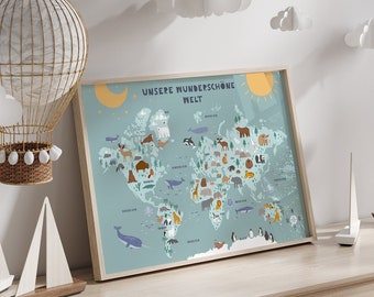 Mappa del mondo per bambini MyBaby123® | Mappa del mondo degli animali DIN A2 | Poster di apprendimento | Mappa del mondo per la cameretta dei bambini con animali | Qualità premium: blu