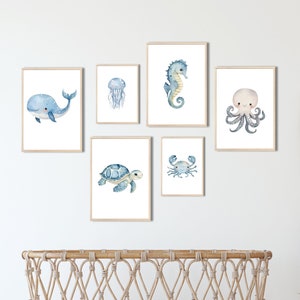 Bonitos carteles de animales marinos para habitación infantil, juego de 6 unidades DIN A4 y A5 | Ballenas, tortugas, medusas, caballitos de mar | Decoración habitación infantil, mundo submarino.