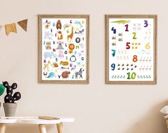 MeinBaby123® A4 Set of 2 | Alphabet ABC Learning Poster Numbers with Animals | Decoration children's room baby room | Wall Poster (Alphabet & Numbers - Set 1)