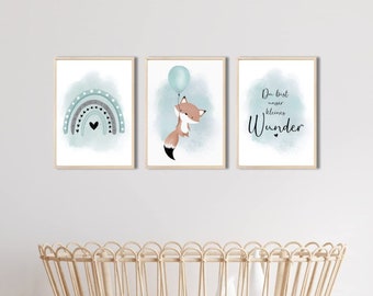 MeinBaby123® set of 3 DIN A4 pictures children's room | Poster children's room decoration | Baby room decoration | Murals with saying (balloon fox mint)