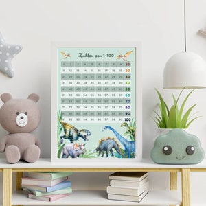 Póster MeinBaby123® A4 Números 1-100 | Entrenador de números | Póster de aprendizaje de matemáticas para primaria (1-100 A4 Dinosaurio)