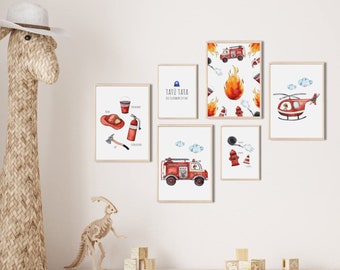 May include: A set of six framed watercolor prints featuring a fire truck, a helicopter, a fire hydrant, a fireman's hat, an axe, and a fire extinguisher. The prints are all in red, white, and blue and have a whimsical, cartoonish style. The text "Tatu Tata" is on one of the prints.