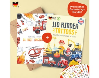 Feuerwehr Set |  Feuerwehr Einladungskarten Kindergeburtstag als Set mit hautfreundlichen Feuerwehr-, Bagger-, und Bauernhof Hauttattoos