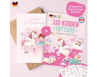 MeinBaby123®  Einhorn & Fee Einladungskarten Kindergeburtstag als Set mit hautfreundlichen Einhorn Hauttattoos