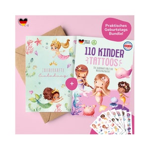 MeinBaby123® Cartes d'invitation sirène pour l'anniversaire des enfants en set avec des tatouages en peau de sirène respectueux de la peau