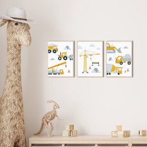 MeinBaby123® set of 3 DIN A4 excavator posters | Pictures children's room decoration | Construction Vehicles, Crane, Construction Site | baby room | Murals (Excavator V1)