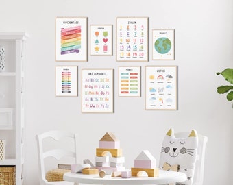 MeinBaby123® Set of 8 DIN A4 learning posters | Pictures children's room decoration | Letters, Alphabet, Numbers, Math, Shapes | (Learning poster set of 8 V2)