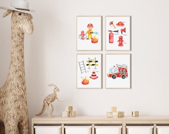 MeinBaby123® set of 4 DIN A4 posters fire brigade | Pictures children's room decoration boys | Fire engine, firefighter | (fire brigade V4)