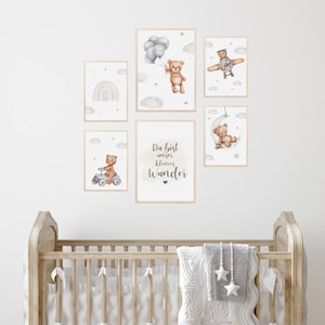 MeinBaby123® juego de 6 cuadros DIN A4 y DIN A5 habitación infantil | Póster decoración de la habitación de los niños | Decoración de la habitación del bebé | Cotizar murales (oso + aviones)