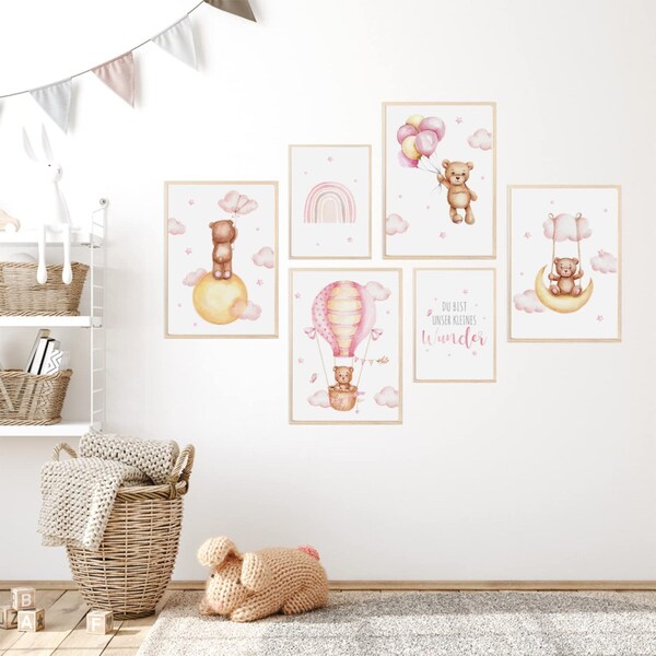 MeinBaby123® set di 6 immagini DIN A4 e DIN A5 cameretta dei bambini | Poster decorazione della stanza dei bambini | stanza del bambino | Quote murali (orso + palloncino rosa)