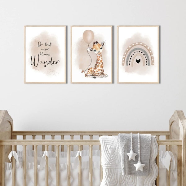 MeinBaby123® set van 3 DIN A4 afbeeldingen kinderkamer | Poster kinderkamer decoratie | Babykamer decoratie | Citaat muurschilderingen (giraffe ballon beige)