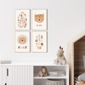 MeinBaby123® juego de 4 cuadros DIN A4 habitación infantil | Póster decoración de la habitación de los niños | cuarto de bebe | Murales de animales (Animales lindos V4)
