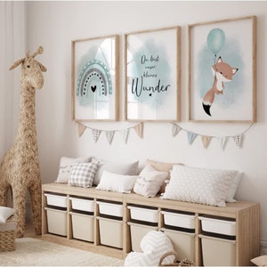 MeinBaby123® Set da 3 immagini DIN A2 per la cameretta dei bambini | Poster per la decorazione della stanza dei bambini | Decorazione della cameretta del bambino | Quadri da parete con scritta (volpe palloncino menta)