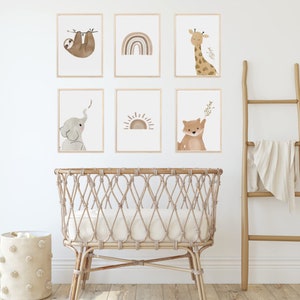 MeinBaby123® juego de 6 cuadros DIN A4 habitación infantil | Póster decoración de la habitación de los niños | cuarto de bebe | Arte de pared de animales (juego de 6 perezosos y amigos)