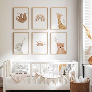 MeinBaby123® Juego de 6 Cuadros DIN A4 Habitación Infantil | Póster decoración de la habitación de los niños | Habitación de bebé | Arte de pared de animales (juego de 6 perezosos y amigos)