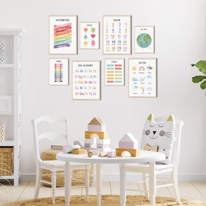 MeinBaby123® Juego de 8 carteles didácticos DIN A4 | Fotos decoracion habitacion infantil | Letras, Alfabeto, Números, Matemáticas, Formas | (Juego de carteles de aprendizaje de 8 V2)