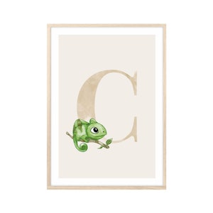 MeinBaby123® Cuadros DIN A4 habitación infantil | Letras iniciales | Póster decoración de la habitación de los niños | Decoración de la habitación del bebé | Murales de citas (Camaleón - C)
