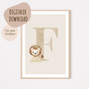 Descarga digital MyBaby123® | Cartel de letra inicial | Cuadros de habitaciones infantiles | Póster habitación infantil | Decoración de la habitación del bebé | Mural (León F)
